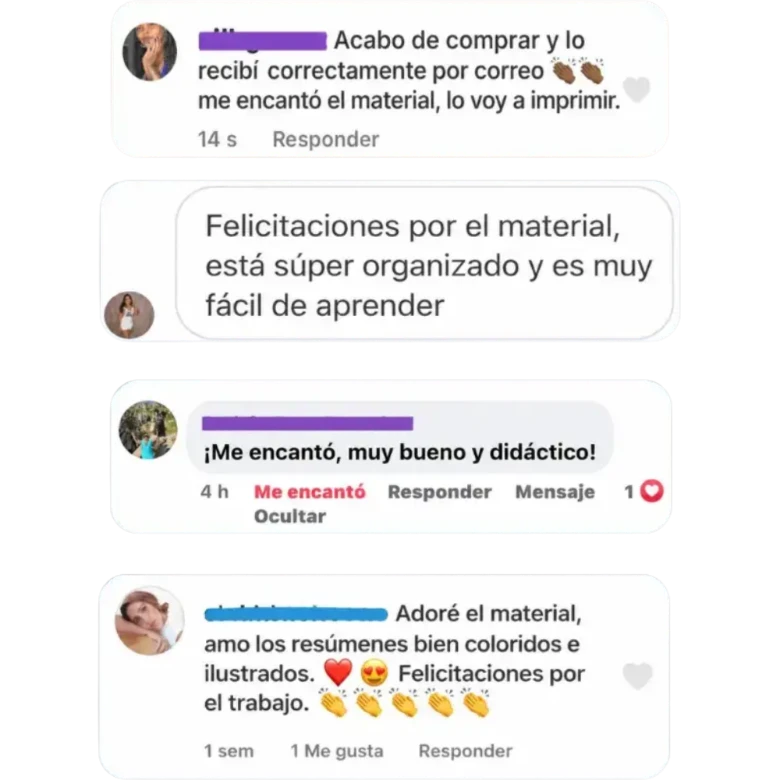Comentarios reales de clientas: me encantó el material, súper organizado y fácil de aprender, muy didáctico